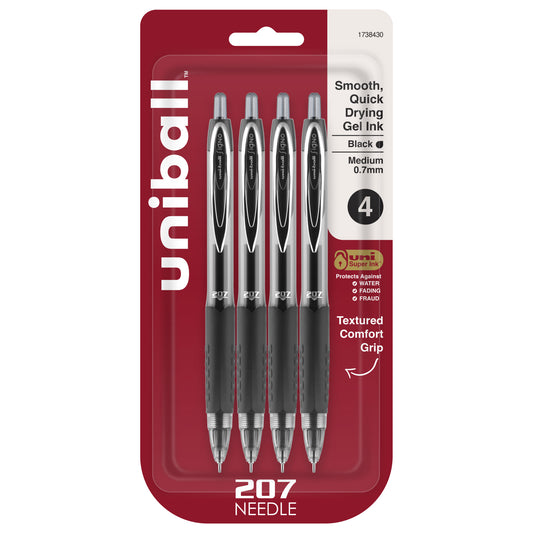 uniball™ 207 Needle Retractable Gel Pens, Medium Point (0.7mm), Black, 4 Pack