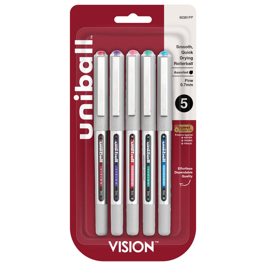 uniball™ Vision Rollerball Pens, Fine Point (0.7mm), Assorted Colors, 5 Pack