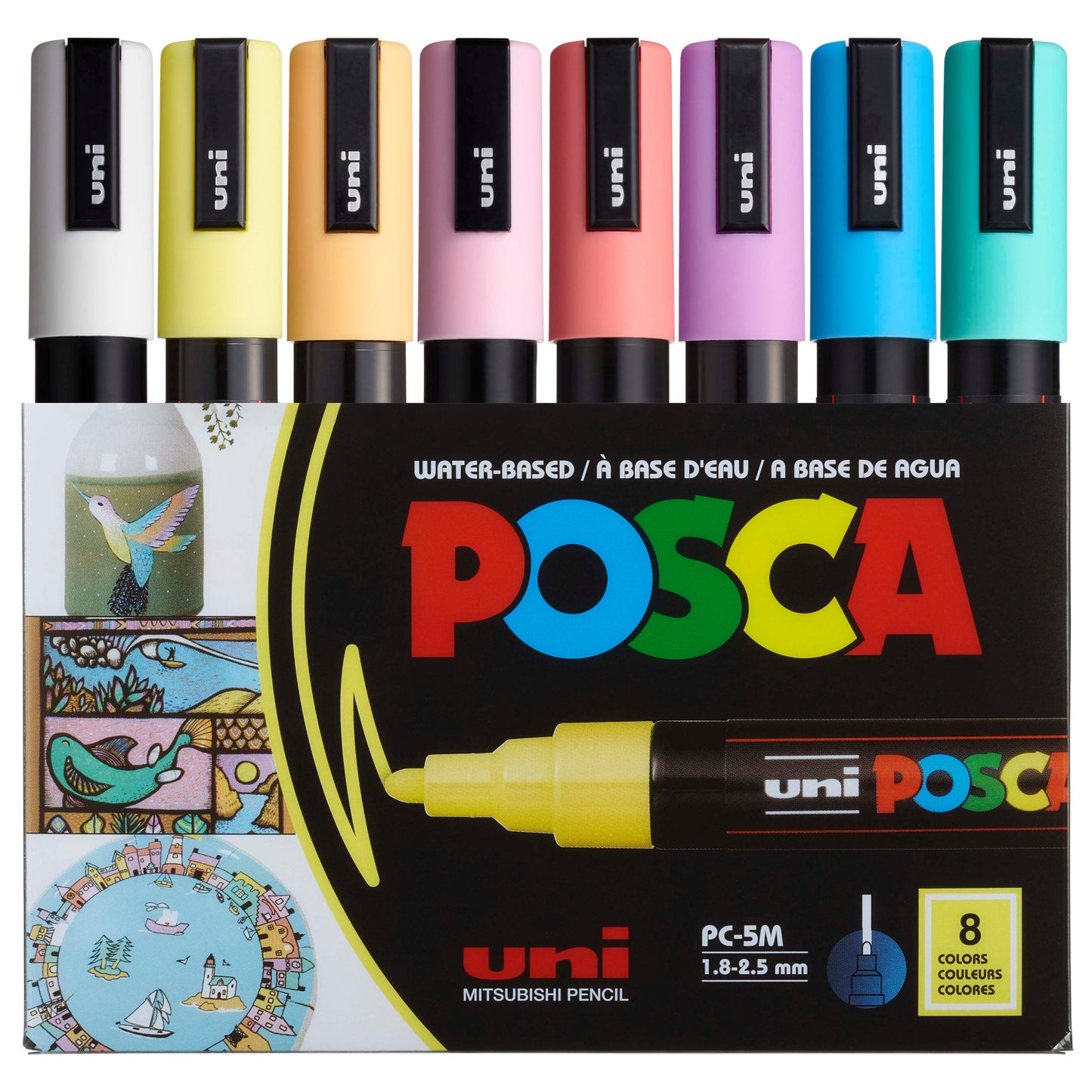 uni® POSCA PC-5M Soft Colors Water-Based Paint Markers, Reversible Medium Tip (1.8-2.5mm), Assorted Colors, 8 Pack