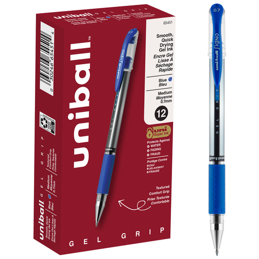 uniball™ Gel Grip Gel Pens, Medium Point (0.7mm), Blue, 12 Pack