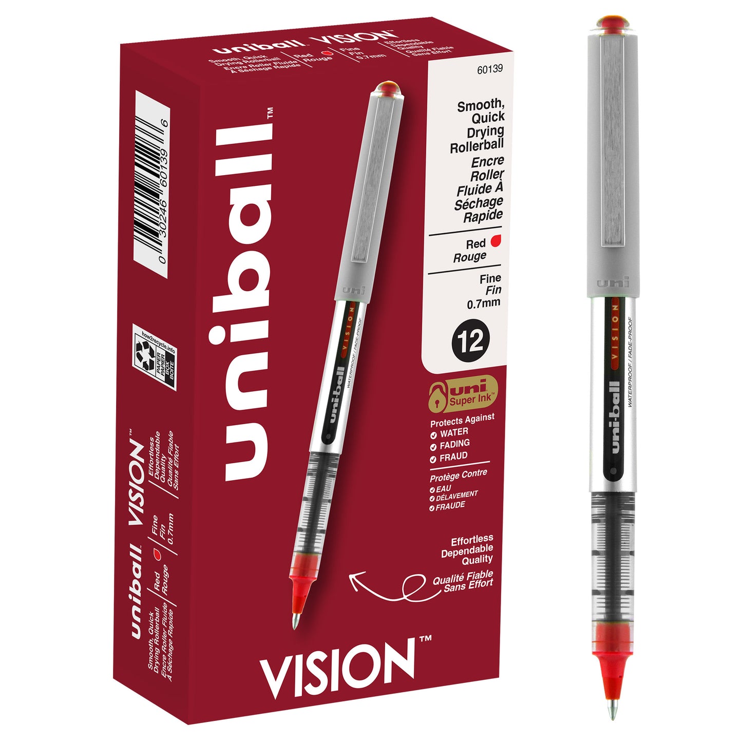 uniball™ Vision Rollerball Pens, Fine Point (0.7mm), Red, 12 Pack