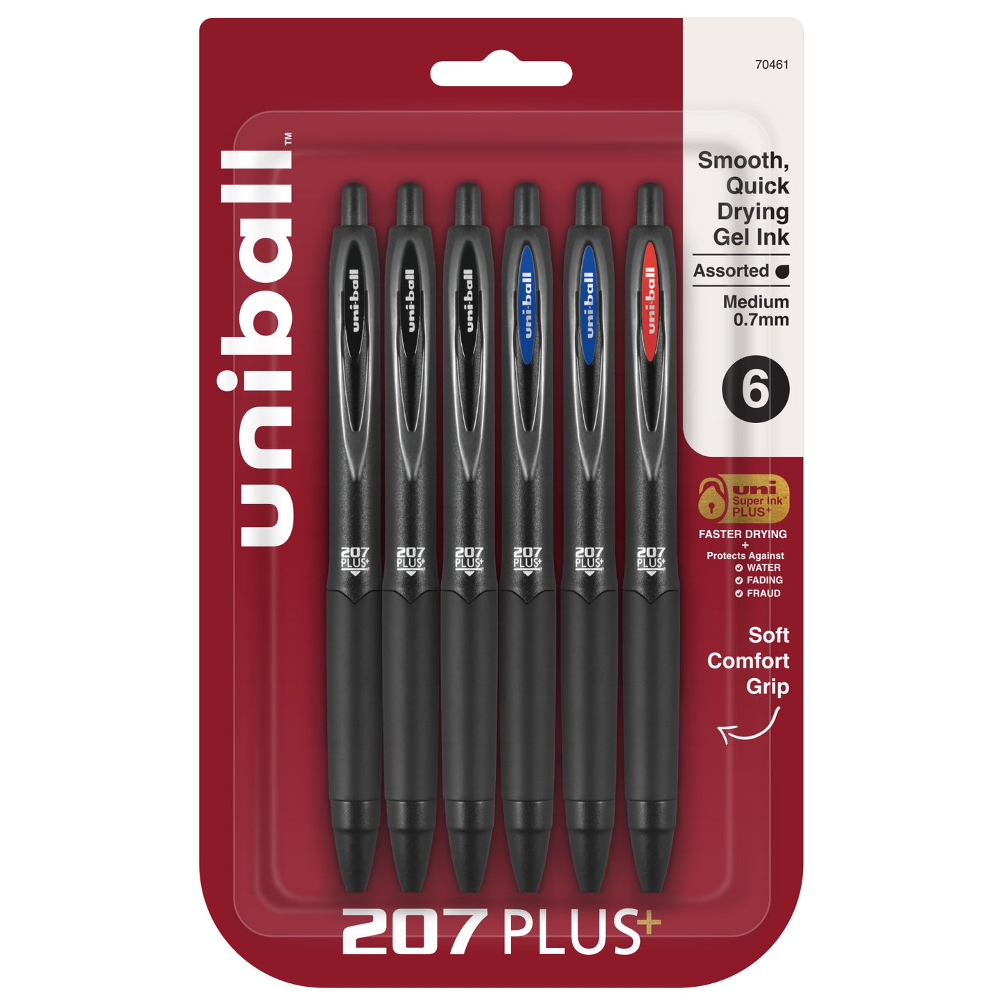 uniball™ 207 Plus+ Retractable Gel Pens, Medium Point (0.7mm), Assorted, 6 Pack
