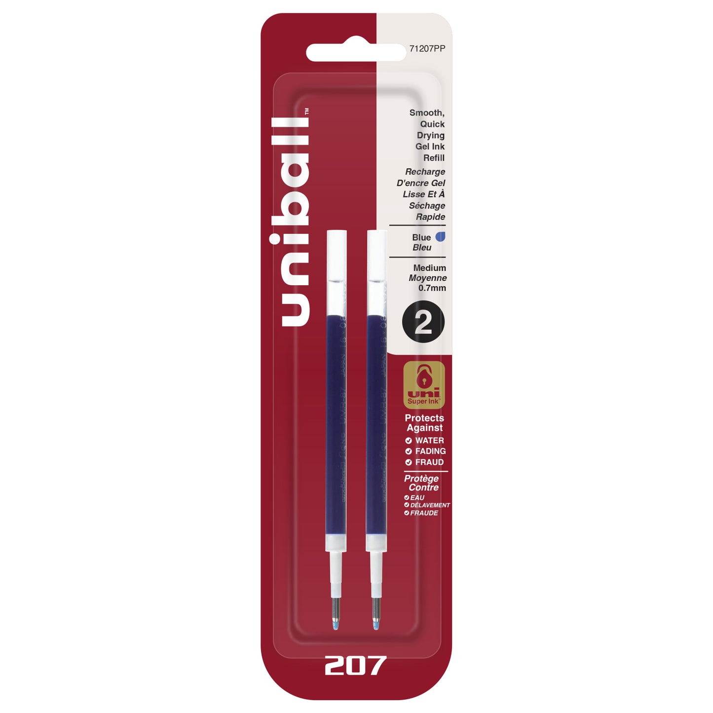 uniball™ 207 Retractable Gel Pen Refills, Medium Point (0.7mm), Blue, 2 Pack