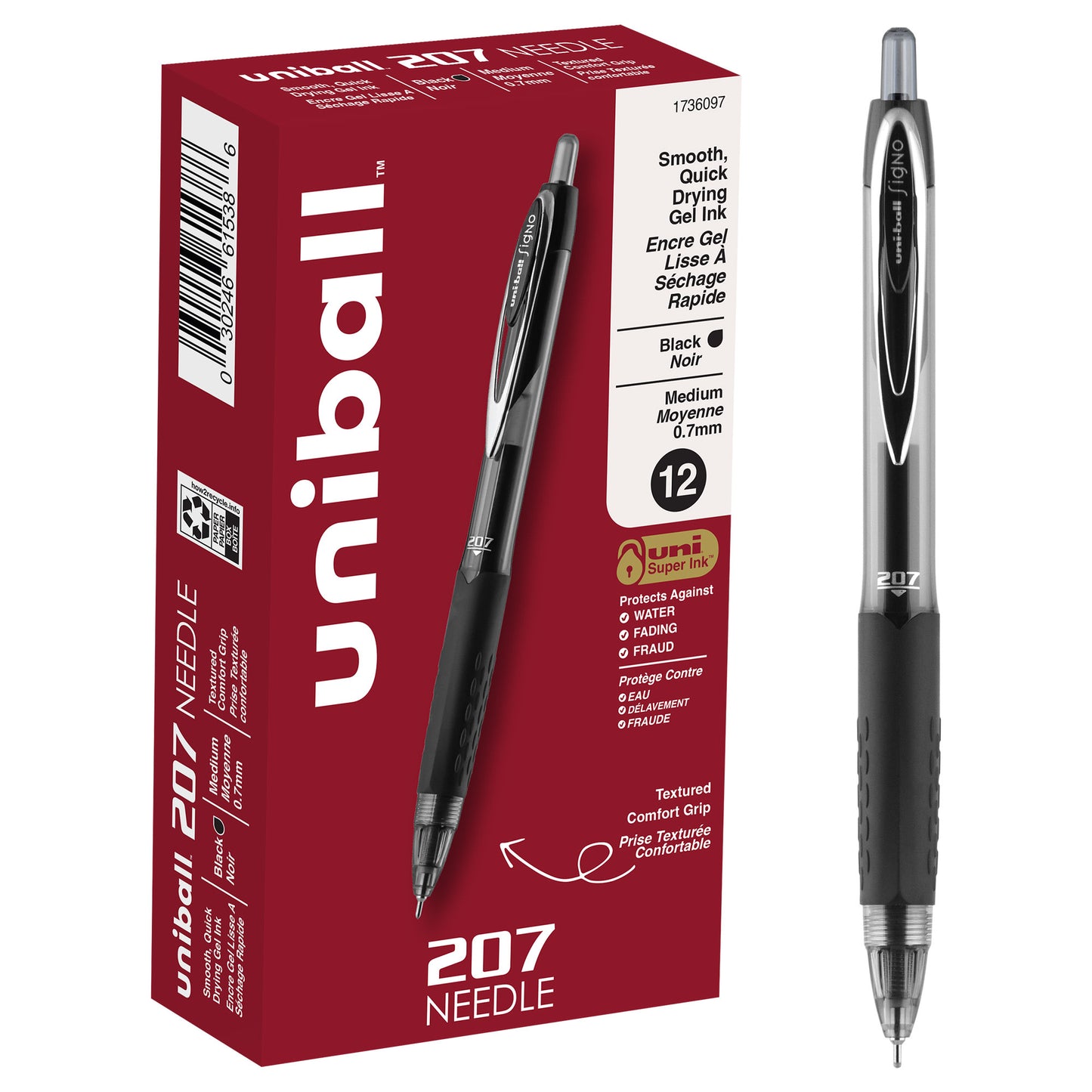 uniball™ 207 Needle Retractable Gel Pens, Medium Point (0.7mm), Black, 12 Pack