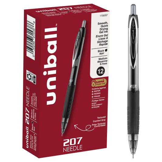 uniball™ 207 Needle Retractable Gel Pens, Medium Point (0.7mm), Black, 12 Pack