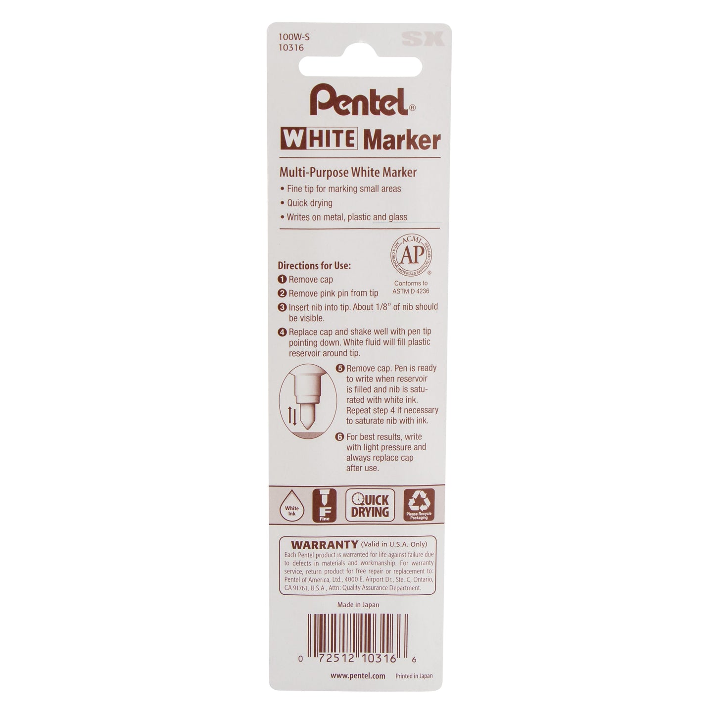 Pentel White Marker Permanent Ink Fine Point 1-Pk (100W-S)