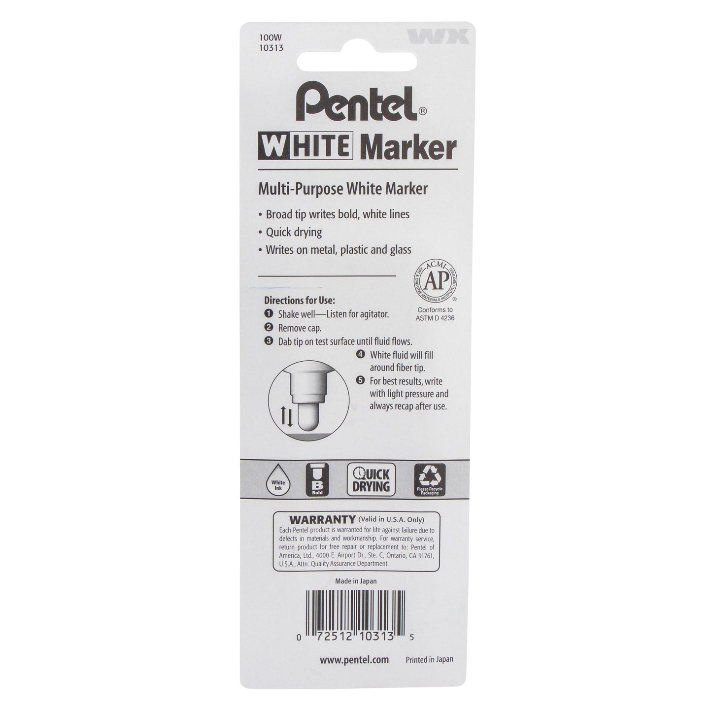 Pentel White Marker Permanent Ink Broad Point 1-Pk (100W)