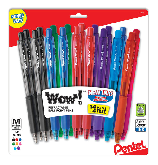 Wow! Retractable Ballpoint Pen, (1.0mm) Medium Line, NEW Ink, Assorted Colors (4A/3B/3C/2D/1F/1P/1S/3V) 18-Pk (BK440BP18M)