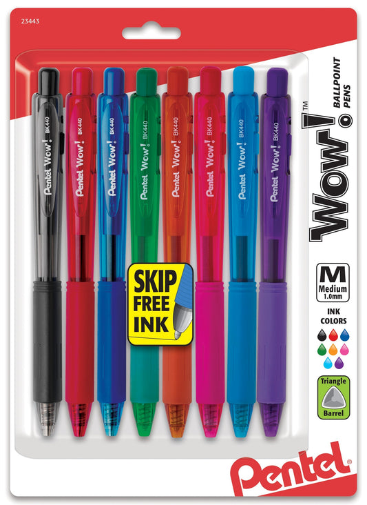 Pentel Wow! Retractable Ballpoint Pen, (1.0m) Medium Line, NEW Ink, Assorted Ink Colors (A/B/C/D/F/P/S/V) 8-Pk (BK440BP8M)
