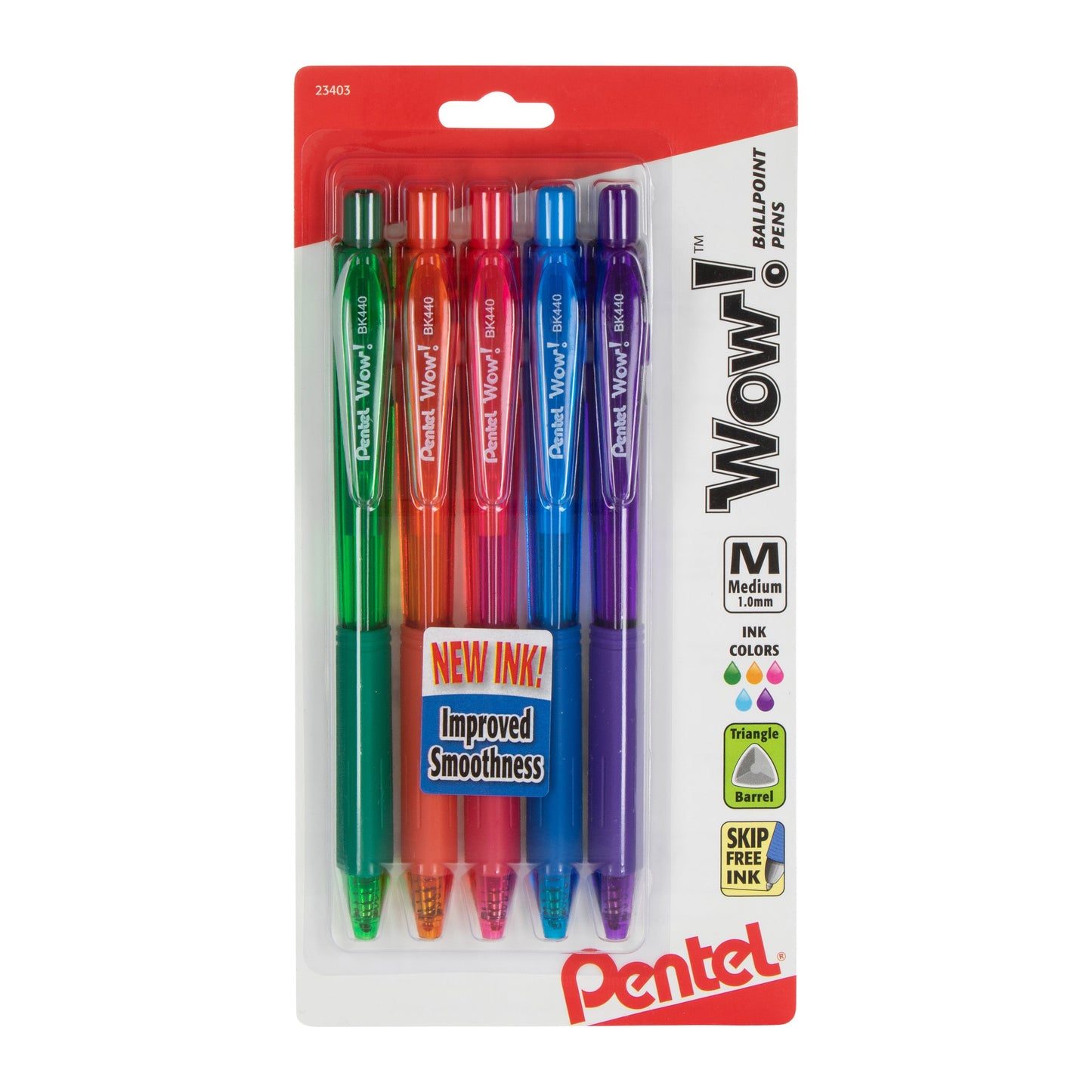 Wow! Retractable Ballpoint Pen, (1.0m) Medium Line, NEW Ink, Assorted Ink (D/F/P/S/V) 5-Pk (BK440CRBP5M)