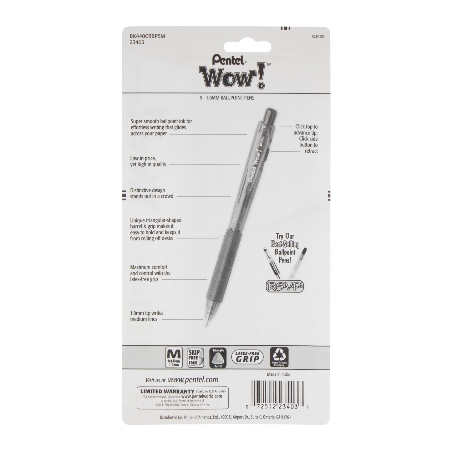 Wow! Retractable Ballpoint Pen, (1.0m) Medium Line, NEW Ink, Assorted Ink (D/F/P/S/V) 5-Pk (BK440CRBP5M)