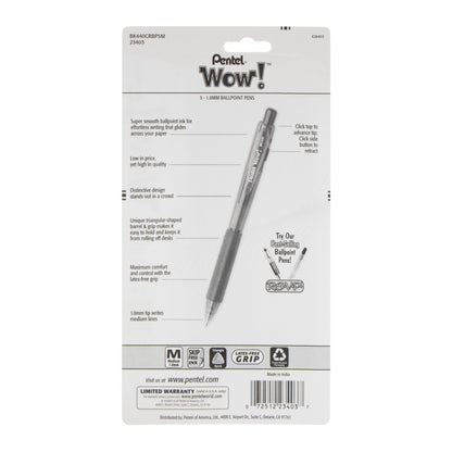 Wow! Retractable Ballpoint Pen, (1.0m) Medium Line, NEW Ink, Assorted Ink (D/F/P/S/V) 5-Pk (BK440CRBP5M)