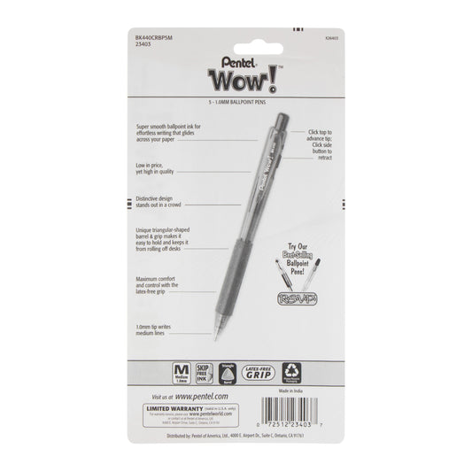 Wow! Retractable Ballpoint Pen, (1.0m) Medium Line, NEW Ink, Assorted Ink (D/F/P/S/V) 5-Pk (BK440CRBP5M)