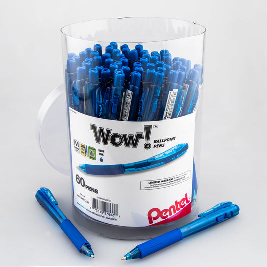 Pentel WOW! Ballpoint Pen, (1.0mm) Med. line, Blue Ink, 60-pk Canister (BK440PC60C), 3 Each