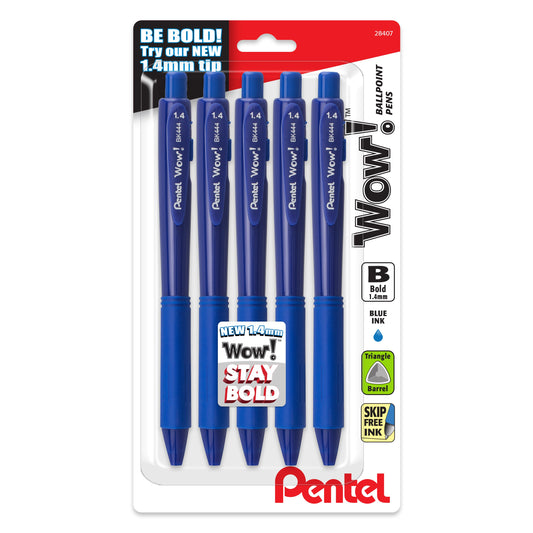Wow! Retractable Ballpoint Pen, (1.4mm) Bold Line, Blue Ink, 5-pk (BK444BP5C)