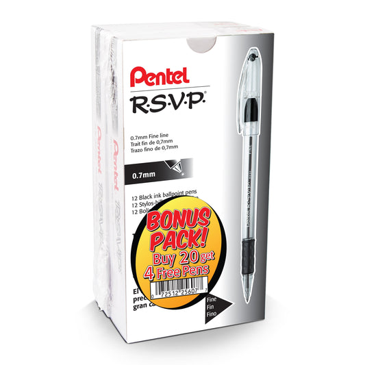 Pentel RSVP Ballpoint Pen, (0.7mm) Fine Line, Black Ink Buy 20, get 4 more FREE (BK90ASW2), 24 Packs