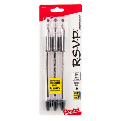 RSVP Ballpoint Pen, (0.7mm) Fine Line, Black Ink 3-Pk (BK90BP3A)