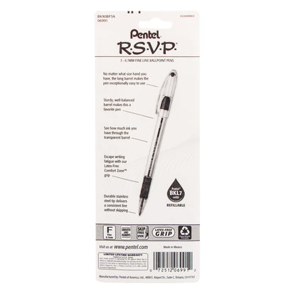 RSVP Ballpoint Pen, (0.7mm) Fine Line, Black Ink 3-Pk (BK90BP3A)