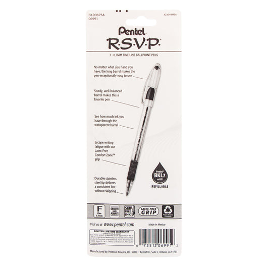 RSVP Ballpoint Pen, (0.7mm) Fine Line, Black Ink 3-Pk (BK90BP3A)