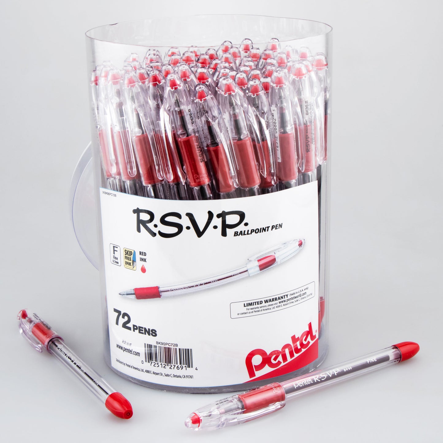 RSVP Ballpoint Pen, (0.7mm) Fine Line, Red Ink, 72-pk Canister (BK90PC72B)
