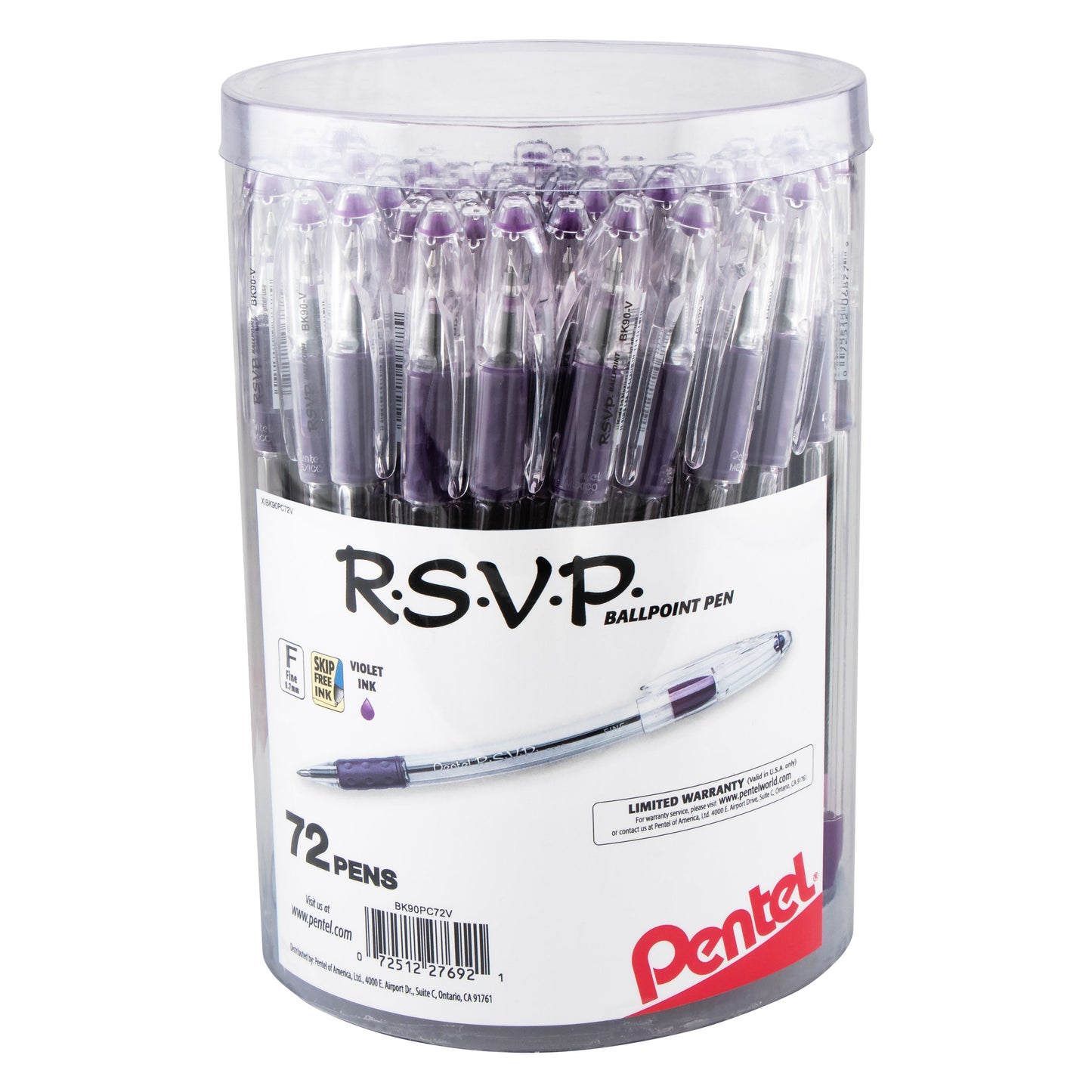 RSVP Ballpoint Pen, (0.7mm) Fine Line, Violet Ink, 72-pk Canister (BK90PC72V)