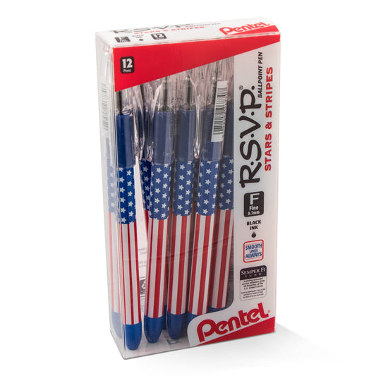 Pentel RSVP Ballpoint Pen, (0.7mm) Fine Line, Flag Barrel, Black Ink (BK90USA-A)