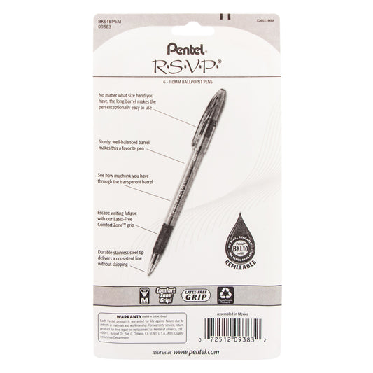 Pentel RSVP Ballpoint Pen, (1.0mm) Medium Line, Assorted Ink (A/B/C/D/P/V), 6-Pk (BK91BP6M), 72 Each