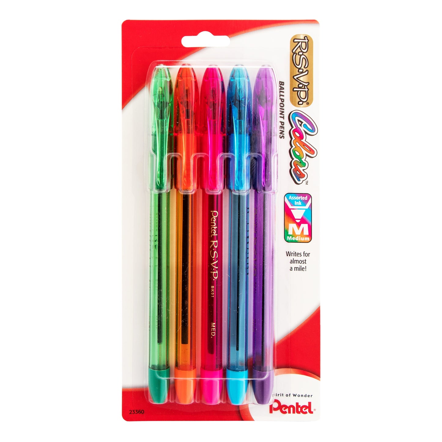 Pentel RSVP COLORS Ballpoint Pen, (1.0mm) Medium Line, Assorted Ink (D/F/P/S/V), 5-Pk (BK91CRBP5M), 144 Each