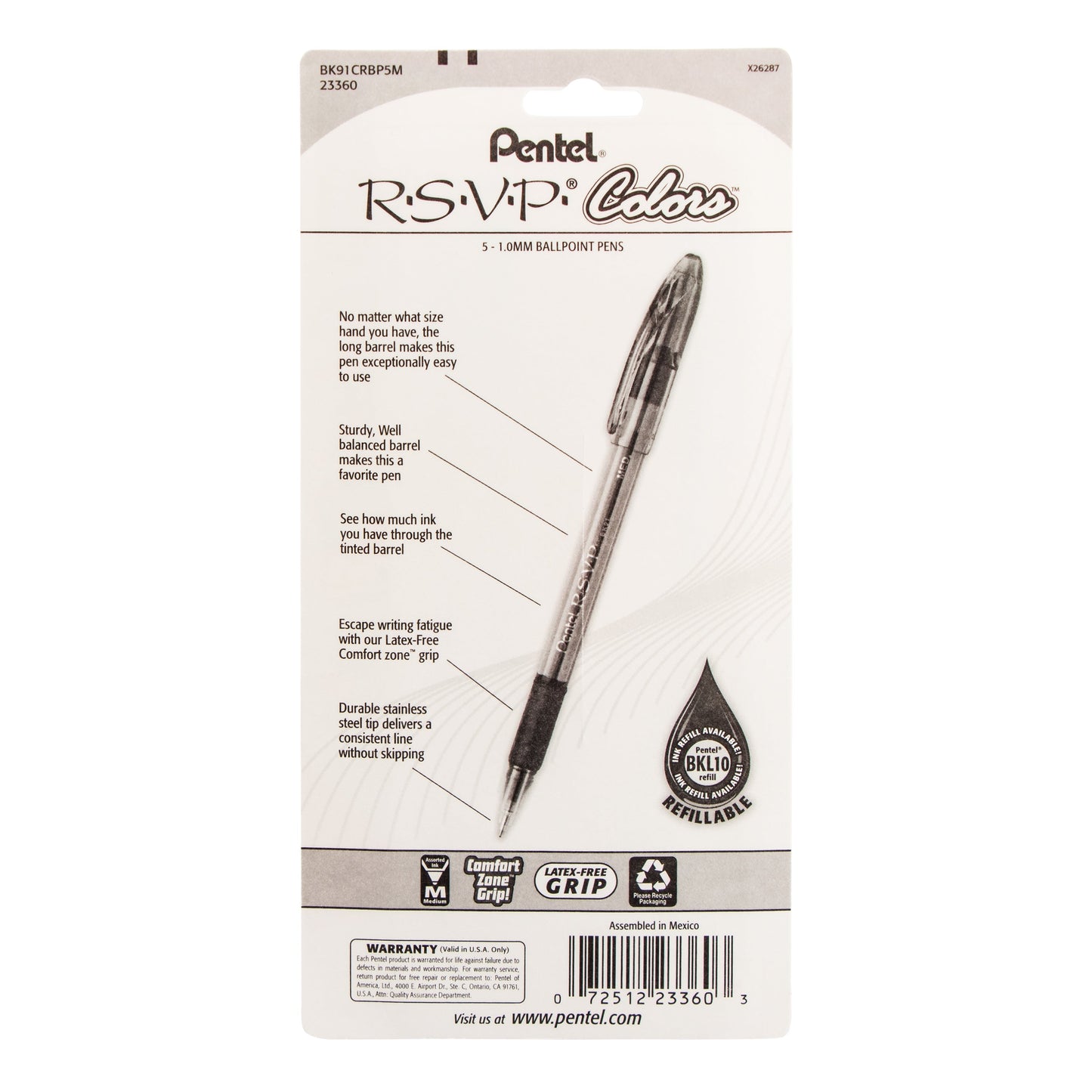 Pentel RSVP COLORS Ballpoint Pen, (1.0mm) Medium Line, Assorted Ink (D/F/P/S/V), 5-Pk (BK91CRBP5M), 144 Each