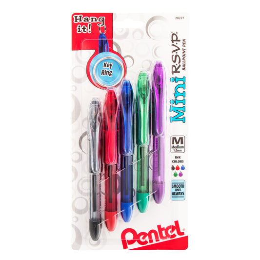 Pentel RSVP Mini Ballpoint Pen, (1.0mm) Medium Line, Assorted Ink (A/B/C/D/V) w/ Key Ring,  5-Pk (BK91MNBP5M), 144 Each