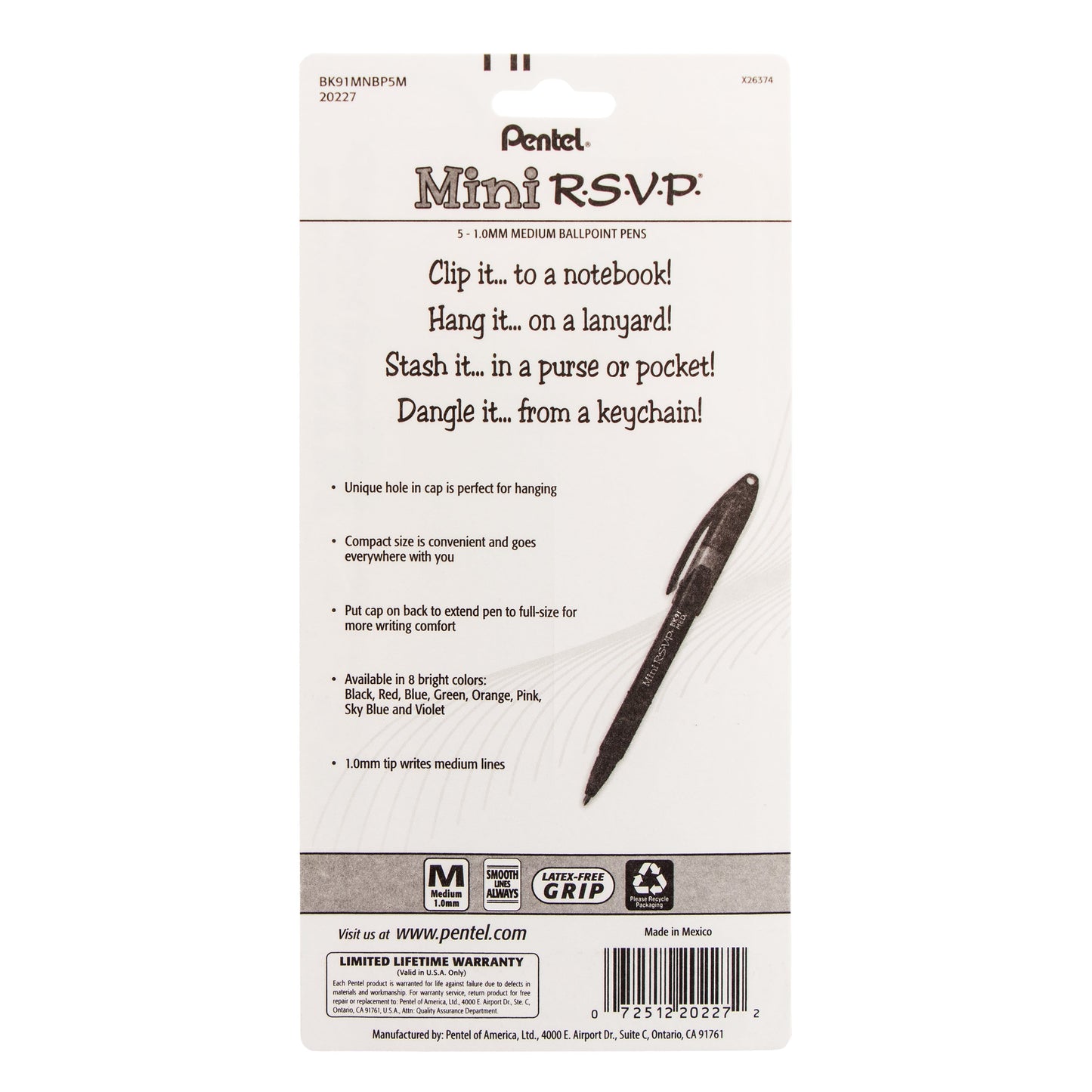 Pentel RSVP Mini Ballpoint Pen, (1.0mm) Medium Line, Assorted Ink (A/B/C/D/V) w/ Key Ring,  5-Pk (BK91MNBP5M)