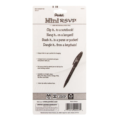 Pentel RSVP Mini Ballpoint Pen, (1.0mm) Medium Line, Assorted Ink (A/B/C/D/V) w/ Key Ring,  5-Pk (BK91MNBP5M)