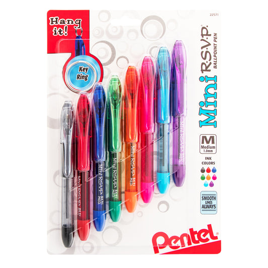 RSVP Mini Ballpoint Pen, (1.0mm) Medium Line, Assorted Ink (A/B/C/D/F/P/S/V) w/ Key Ring, 8-Pk (BK91MNBP8M)