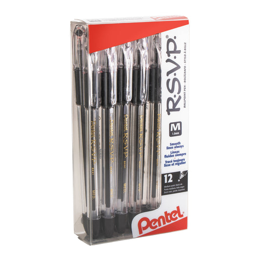 RSVP Ballpoint Pen, (1.0mm) Medium Line, 12-Black Ink Pen in Clear plastic box (BK91PC12A)