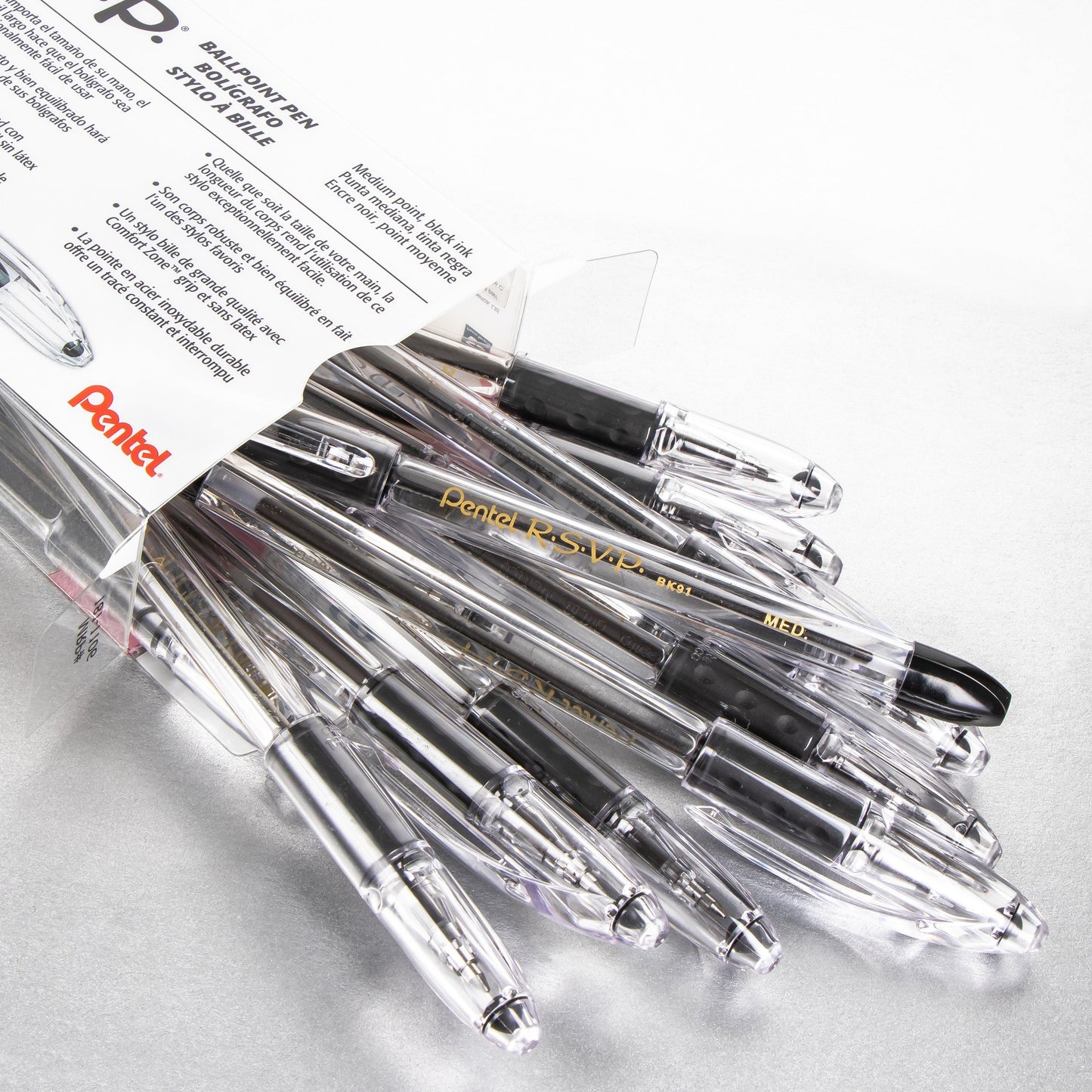 RSVP Ballpoint Pen, (1.0mm) Medium Line, 12-Black Ink Pen in Clear plastic box (BK91PC12A)
