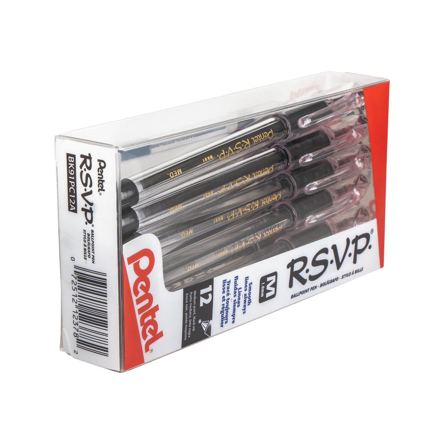 RSVP Ballpoint Pen, (1.0mm) Medium Line, 12-Black Ink Pen in Clear plastic box (BK91PC12A)