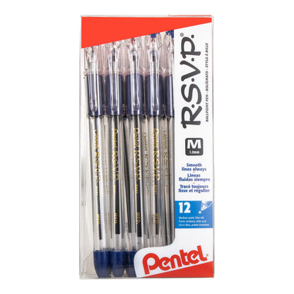 Pentel RSVP Ballpoint Pen, (1.0mm) Medium Line, 12-Blue Ink Pen in Clear plastic box (BK91PC12C)