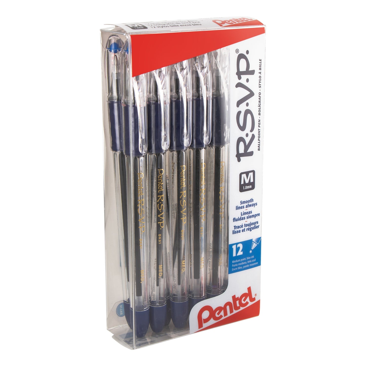 Pentel RSVP Ballpoint Pen, (1.0mm) Medium Line, 12-Blue Ink Pen in Clear plastic box (BK91PC12C)