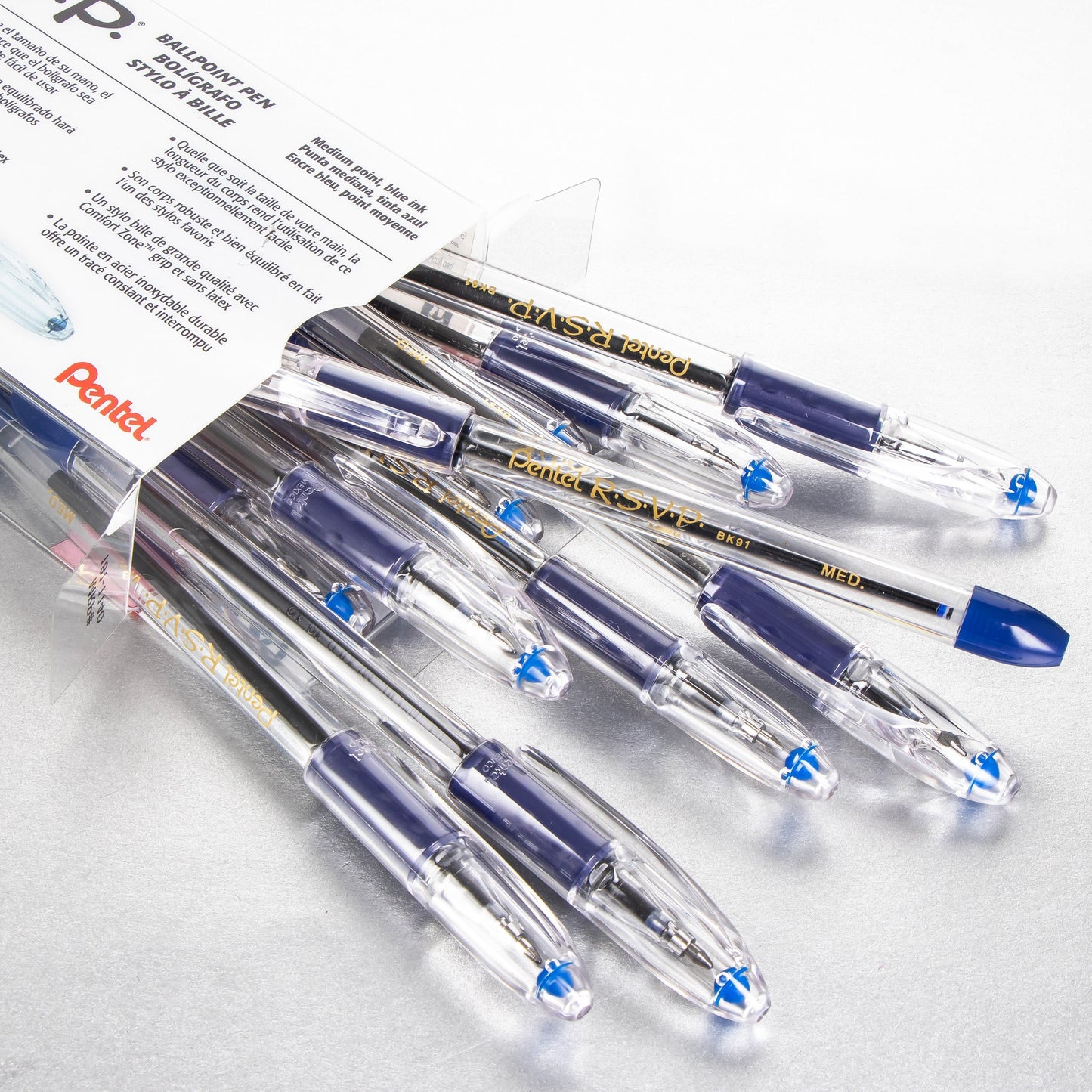 Pentel RSVP Ballpoint Pen, (1.0mm) Medium Line, 12-Blue Ink Pen in Clear plastic box (BK91PC12C)