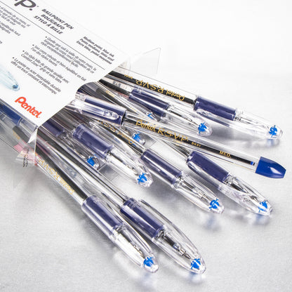 Pentel RSVP Ballpoint Pen, (1.0mm) Medium Line, 12-Blue Ink Pen in Clear plastic box (BK91PC12C)