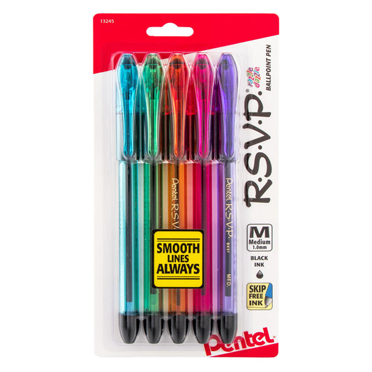 RSVP Razzle-Dazzle Ballpoint Pen, (1.0mm) Medium Line, Assorted Barrels (C/D/F/P/V), Black Ink, 5-Pk (BK91RDBP5M)