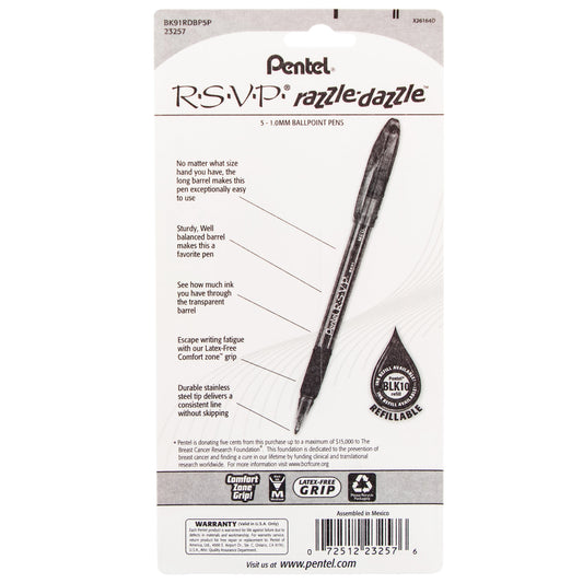Pentel PINK BCA RSVP Razzle-Dazzle, (1.0mm) Medium Line, Pink Barrel, Black Ink, 5-Pk (BK91RDFP5P)