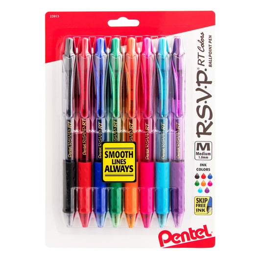 Pentel RSVP RT COLORS Retractable Ballpoint Pen, (1.0mm) Medium Line, Asstd Ink (A/B/C/D/F/P/S/V) 8-Pk (BK93CRBP8M)