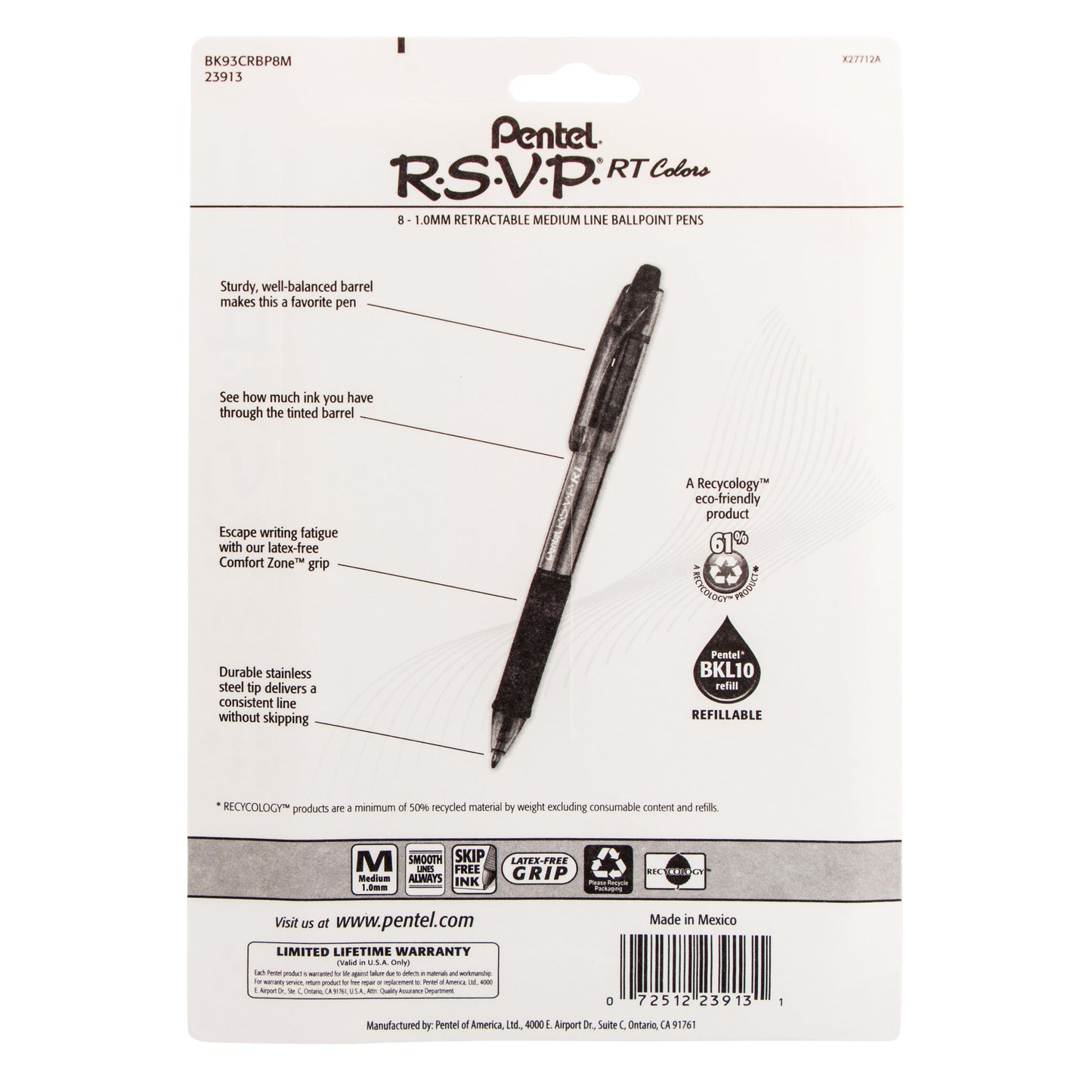 Pentel RSVP RT COLORS Retractable Ballpoint Pen, (1.0mm) Medium Line, Asstd Ink (A/B/C/D/F/P/S/V) 8-Pk (BK93CRBP8M)