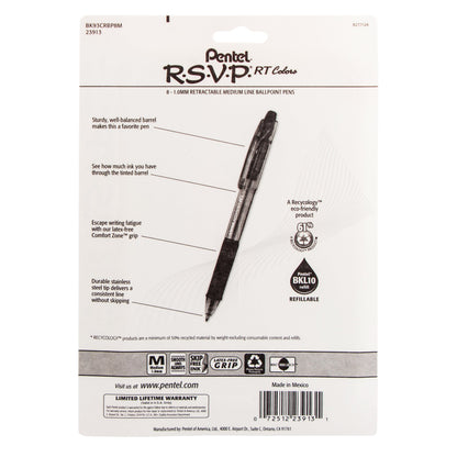 Pentel RSVP RT COLORS Retractable Ballpoint Pen, (1.0mm) Medium Line, Asstd Ink (A/B/C/D/F/P/S/V) 8-Pk (BK93CRBP8M)