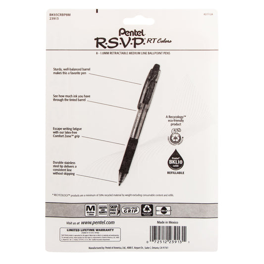 Pentel RSVP RT COLORS Retractable Ballpoint Pen, (1.0mm) Medium Line, Asstd Ink (A/B/C/D/F/P/S/V) 8-Pk (BK93CRBP8M)