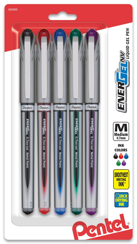 Pentel EnerGel NV Liquid Gel Pen, (0.7mm) Metal Tip, Medium Line Capped, Assorted Ink (A/B/C/D/V) 5-Pk (BL27BP5M)