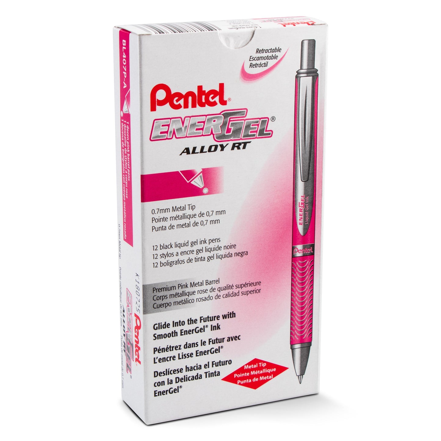 Pentel EnerGel Alloy Retractable Premium Liquid Gel Pen, (0.7mm) Metal Tip, Medium Line, Pink Barrel, Black Ink (BL407P-A)
