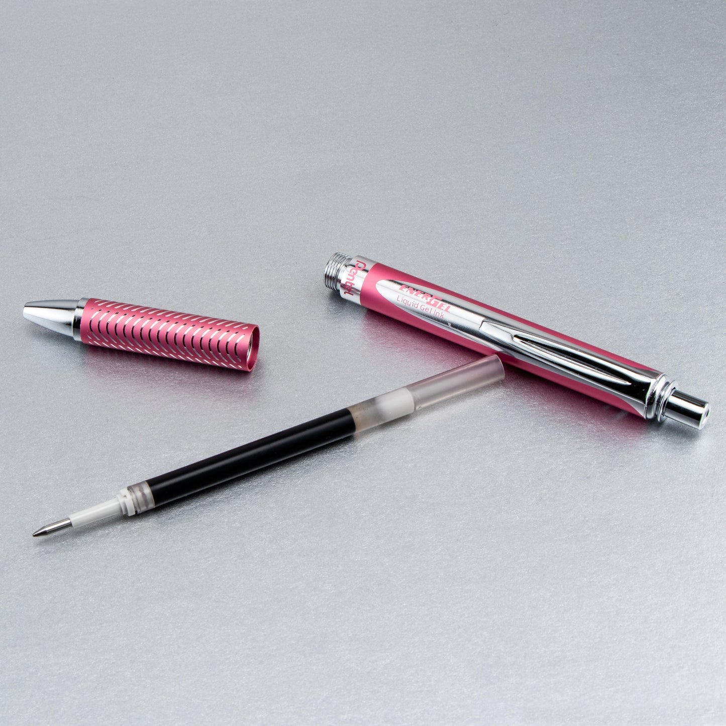 Pentel EnerGel Alloy Retractable Premium Liquid Gel Pen, (0.7mm) Metal Tip, Medium Line, Pink Barrel, Black Ink (BL407P-A)