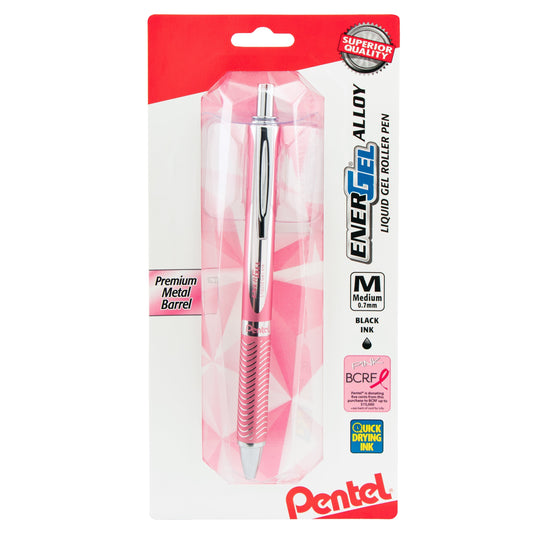 Pentel PINK BCA EnerGel Alloy Retractable Premium Liquid Gel Pen, (0.7mm) Metal Tip, Medium Line, Pink Barrel, Black Ink 1-Pk (BL407PBPA), 72 Each